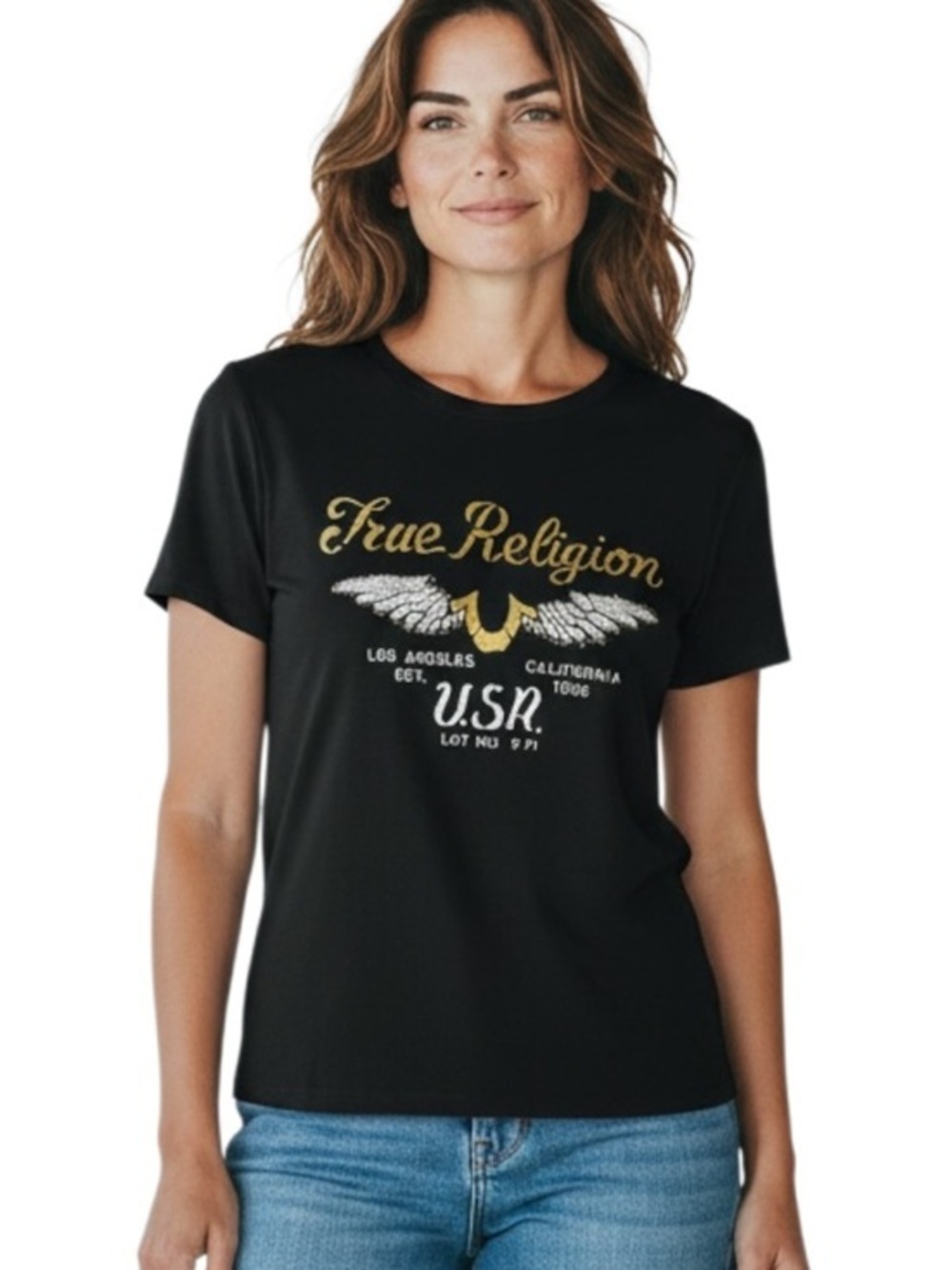 True Religion T-Shirt Womens Size L Black Winged Horseshoe Logo
